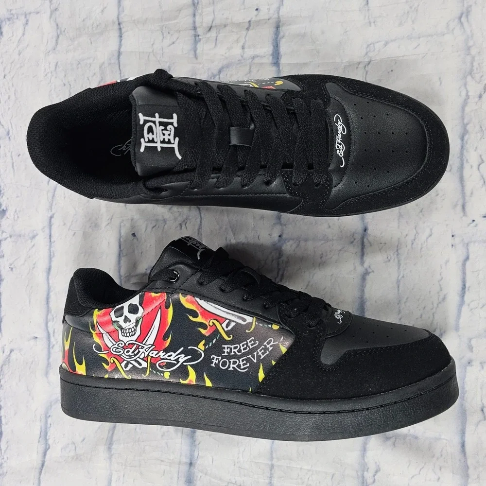 Ed Hardy Sneakers Mens 10.5 Black Free Forever Skull Flame Tattoo Art Low Shoes